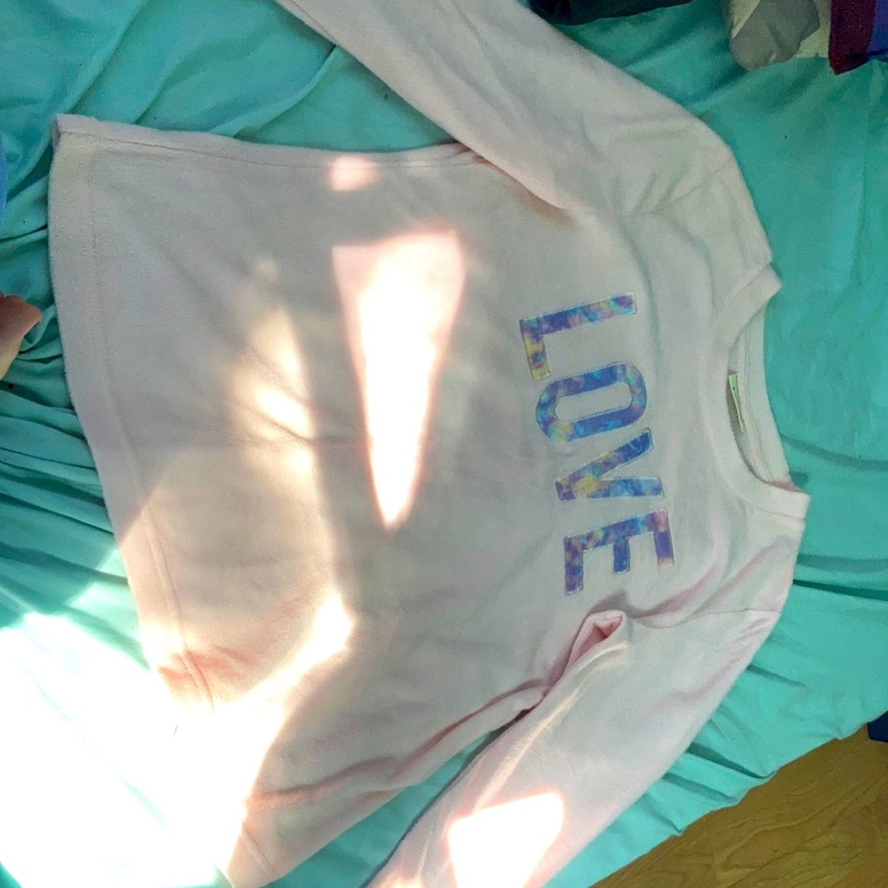 Purple yellow and blue pants pink top. Kids size S